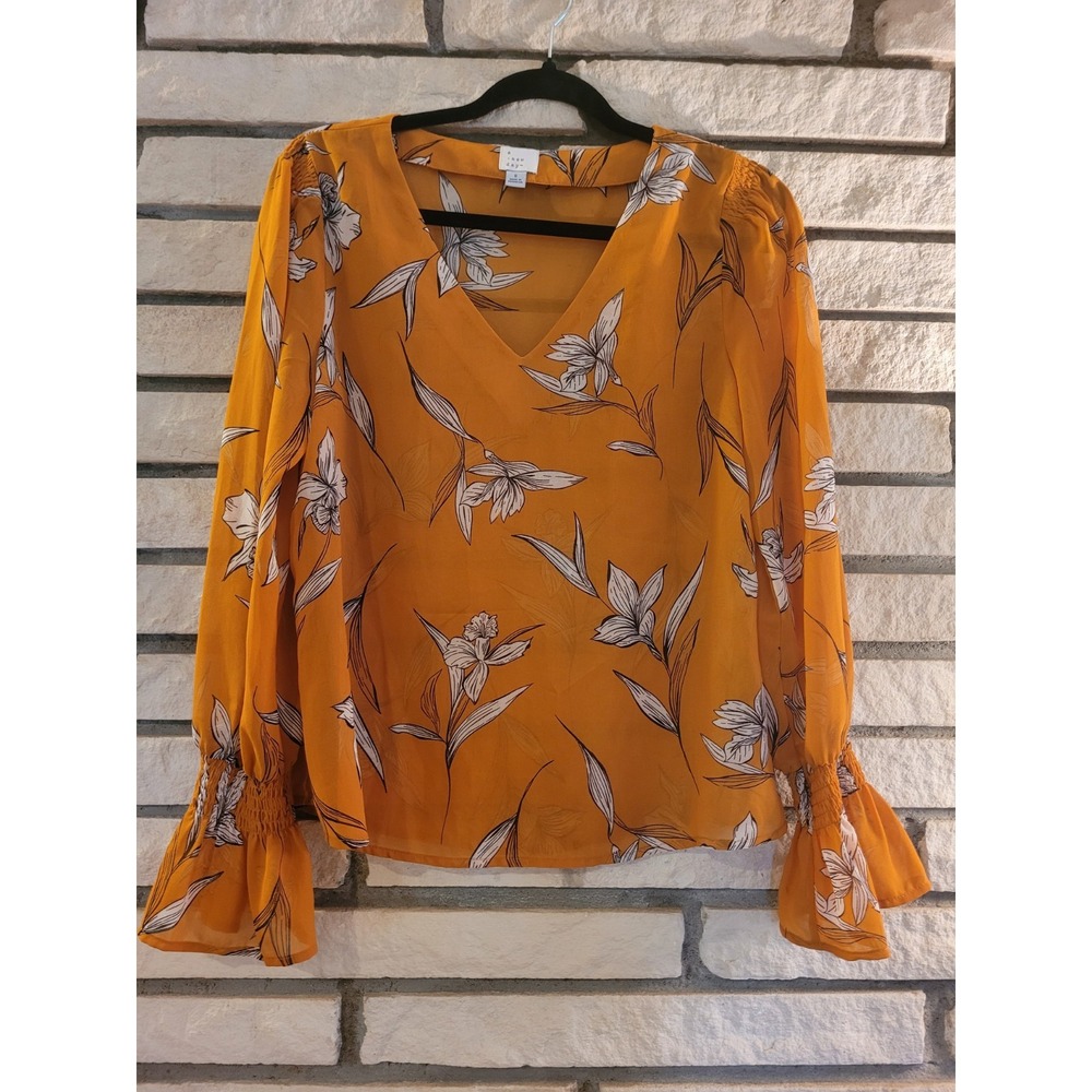 A New Day Blouse Women's Small Orange Floral V-Neck Long Sleeve Sheer Shirt Top